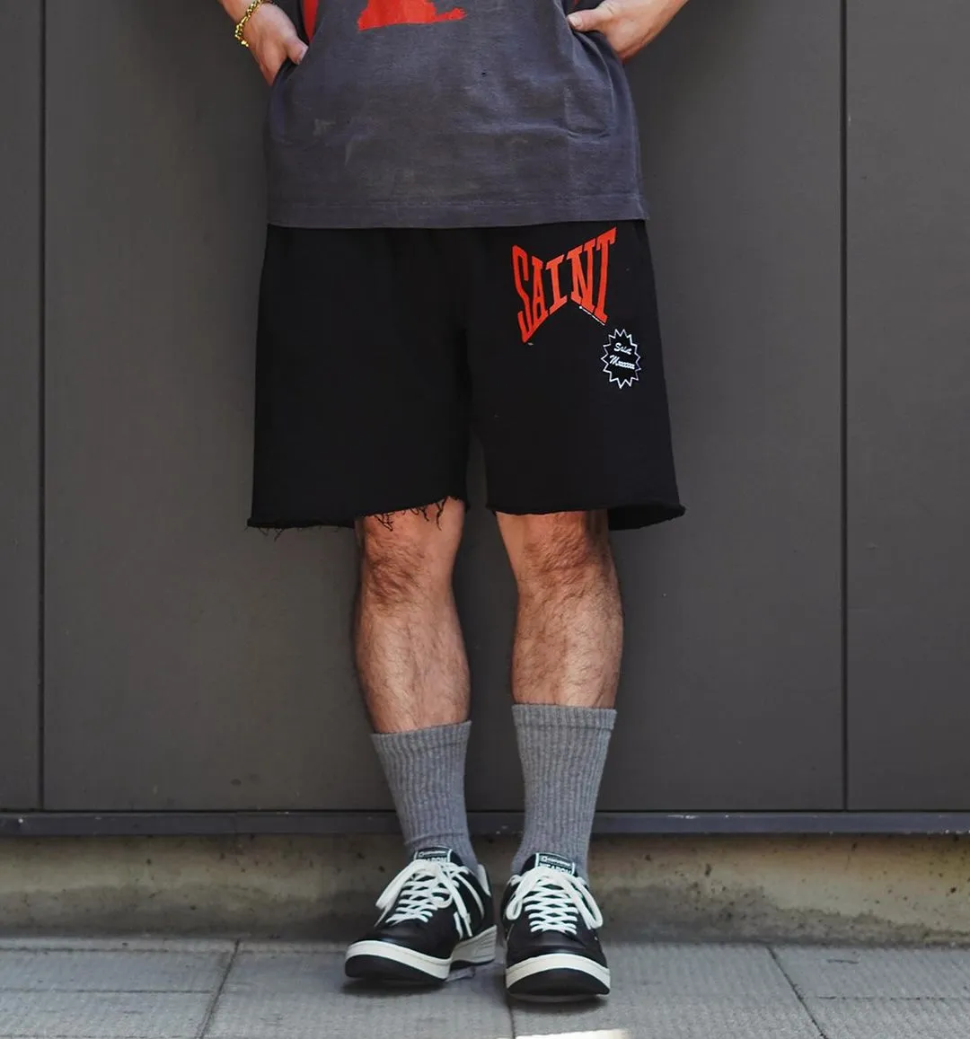 SAINT Mxxxxxx 'SAINT' SWEAT SHORTS/GRY/BLK embroidered SAINT LOGO basic shorts, distressed gray/washed black S-XL, four needles and six threads throughout, produced by a major domestic factory, imported Tajima machine embroidery, washed and distressed, original version